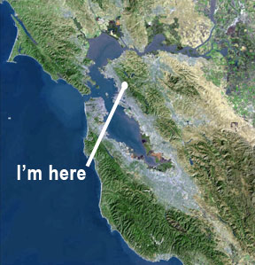 Satellite image of S.F. Bay Area with pointer to location of Berkeley